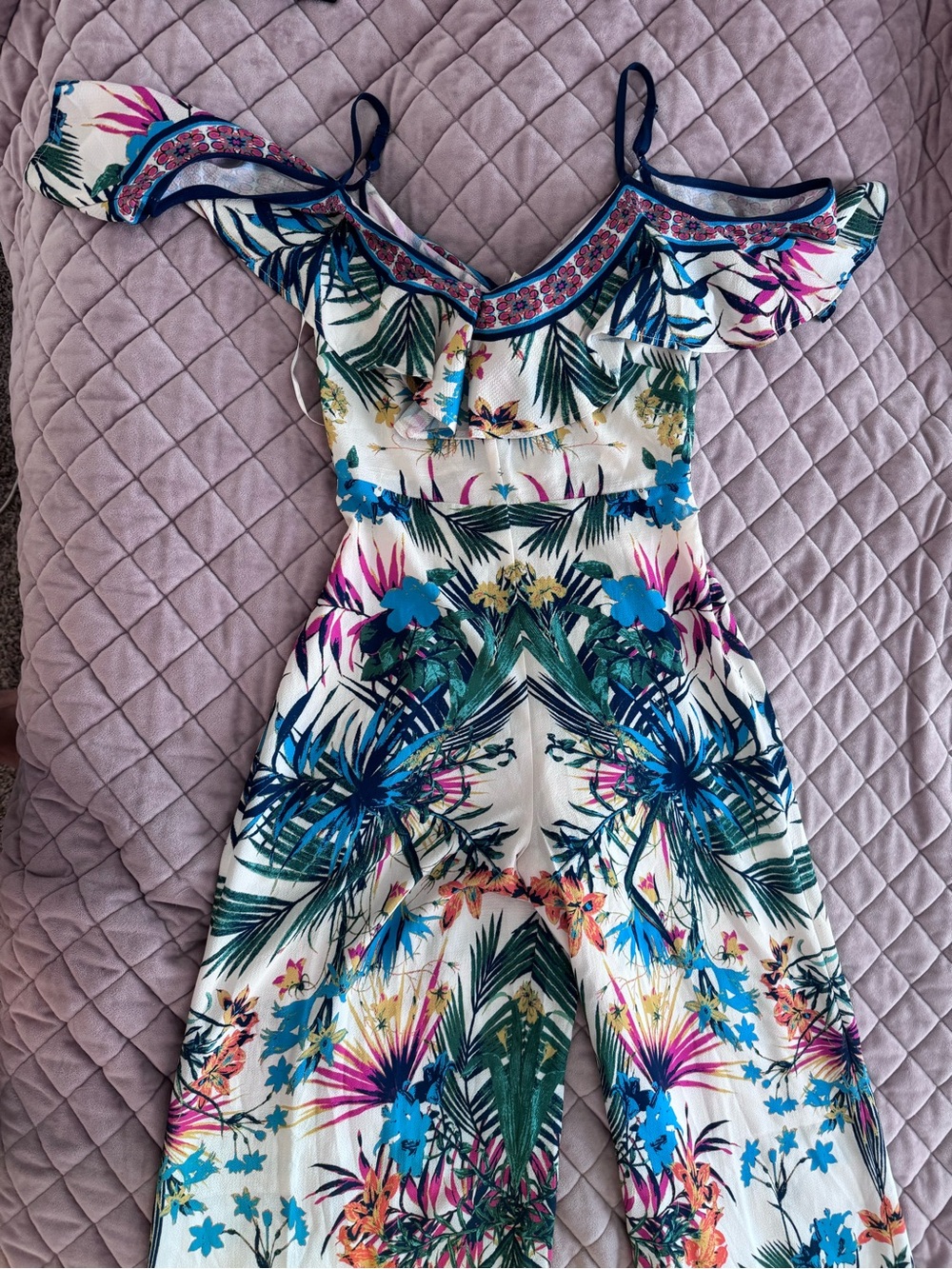 Women’s Floral Tropical One-Piece Romper in White and Blue
